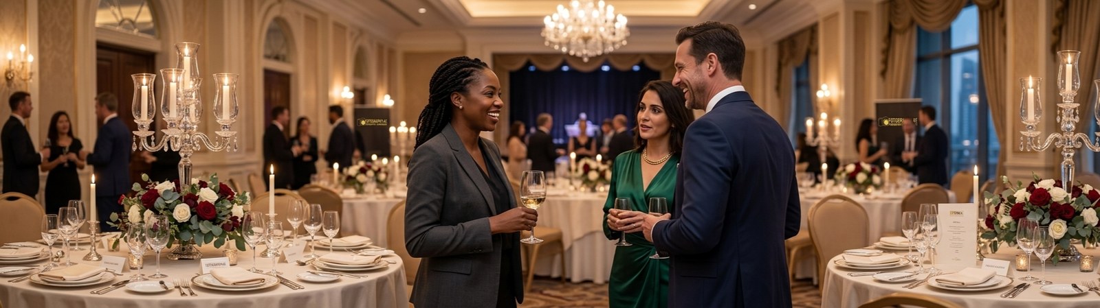 Elegant gala dinner table settings and decor in a luxury Dubai ballroom, showcasing premium event hospitality