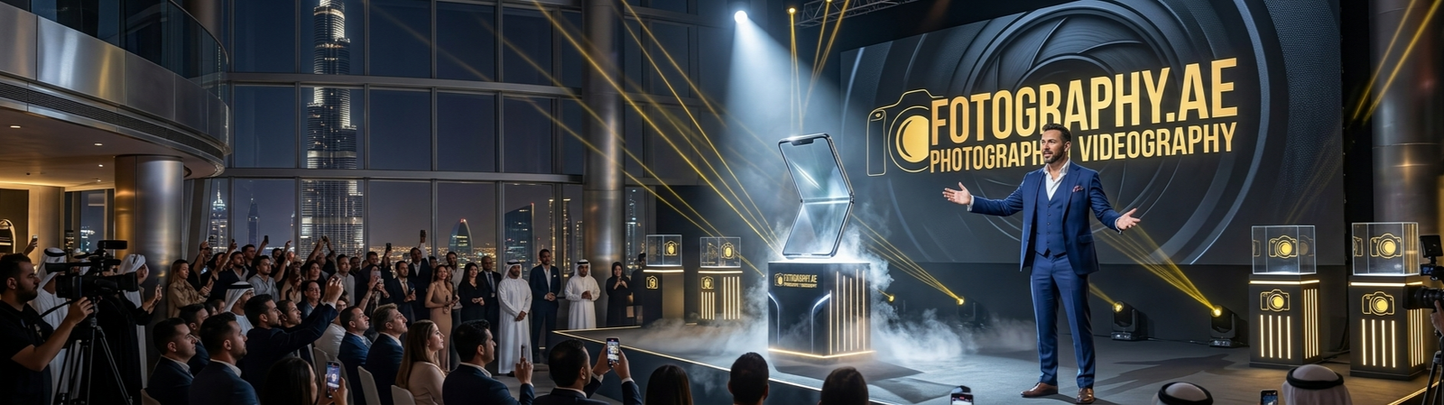 Professional event photographer presenting at a luxury corporate event in Dubai with Burj Khalifa skyline view.