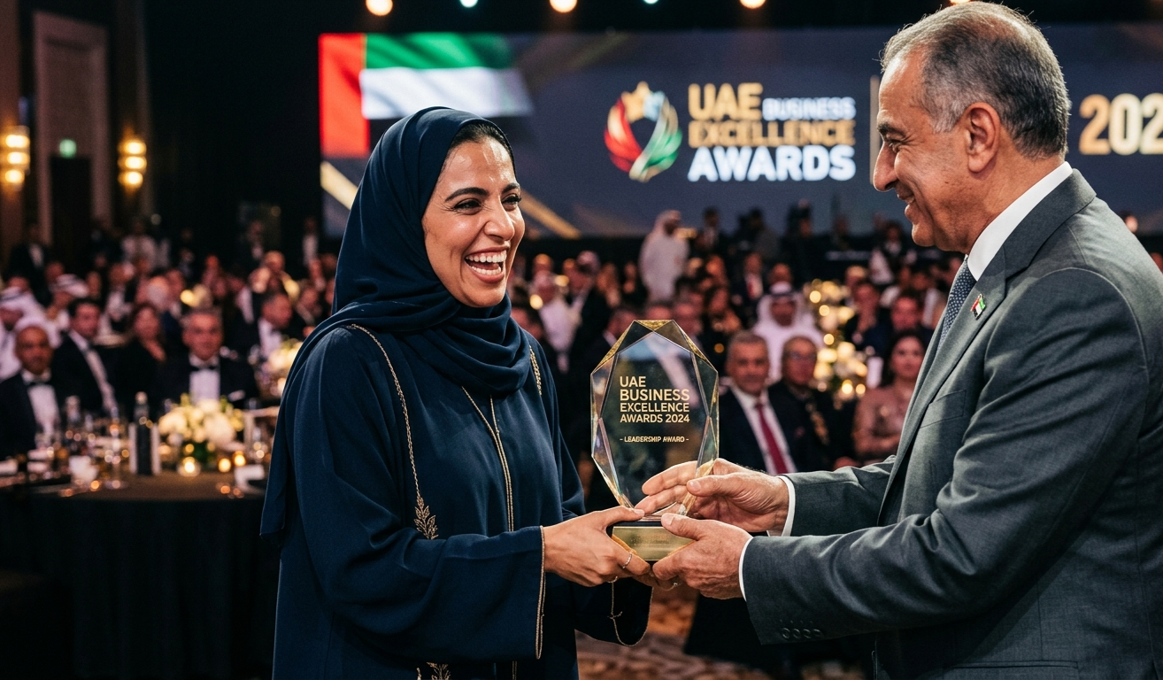 Close-up of a corporate award presentation at a Dubai business excellence ceremony, capturing a high-impact professional moment.