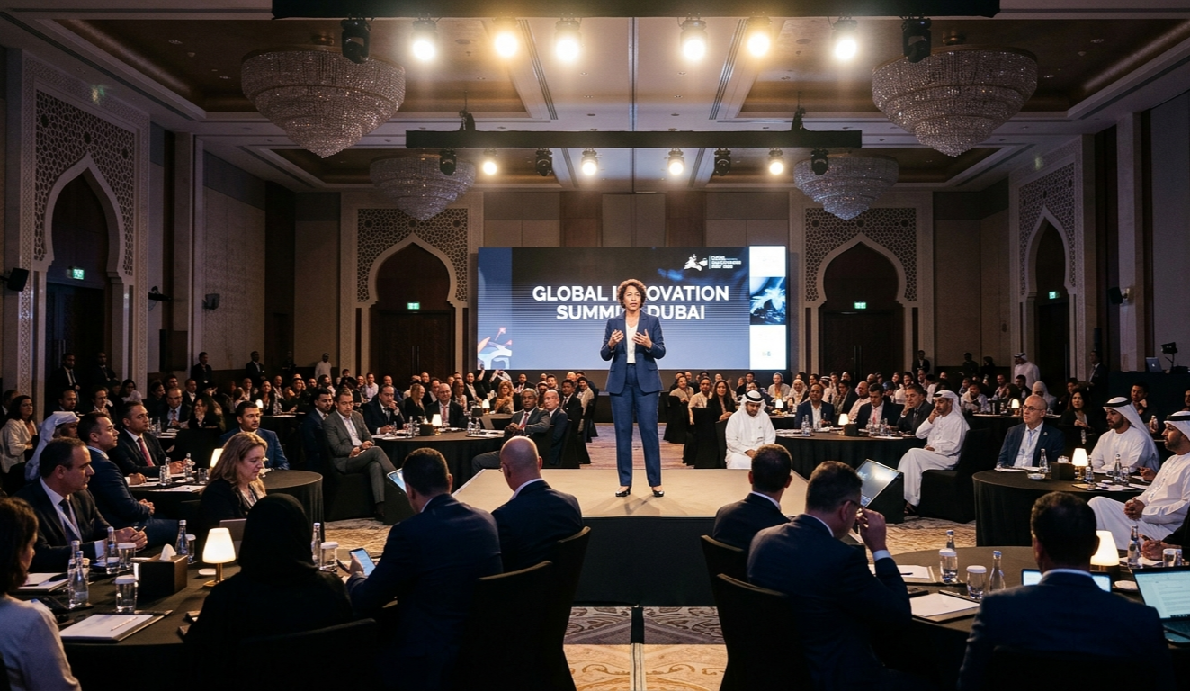 female keynote speaker presenting on a central stage to a large audience at a global innovation summit in Dubai