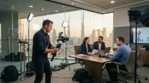 A 16:9 widescreen commercial photograph capturing business shoots in a high-end Dubai office overlooking the downtown skyline. In the foreground, a professional videographer operates a mirrorless camera mounted on a motorized gimbal. To the right, inside a glass-walled boardroom, three corporate team members collaborate around a wooden conference table with laptops and documents. Studio lighting setups with softboxes and LED panels are positioned around the room, casting a warm professional glow across the sleek interior.
