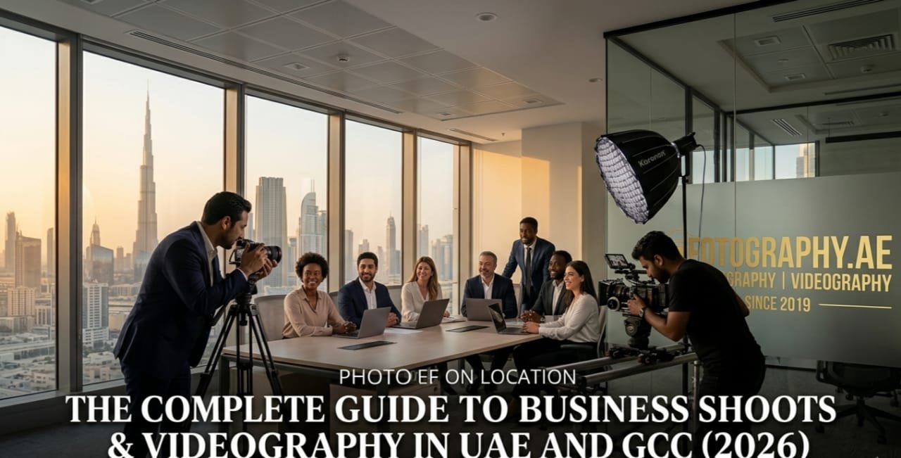 Powerful, realistic photograph capturing a professional photography and videography production on location in a modern Dubai, UAE, office at golden hour, overlooking the city skyline including the Burj Khalifa