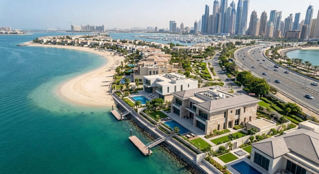 High-resolution aerial drone view of waterfront luxury villas, showcasing specialized real estate photography dubai.