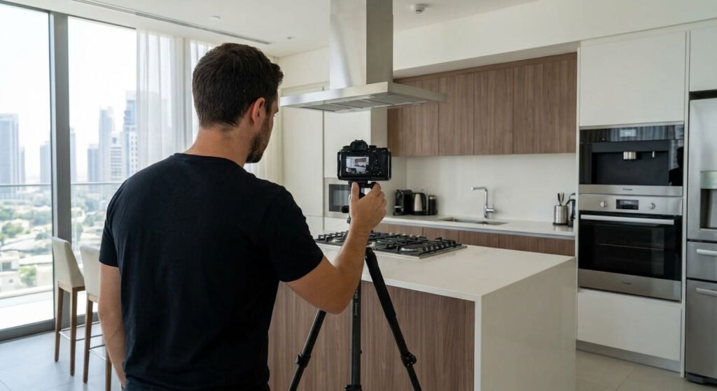 Professional photographer filming a wide-angle kitchen shot for a real estate photography dubai session.