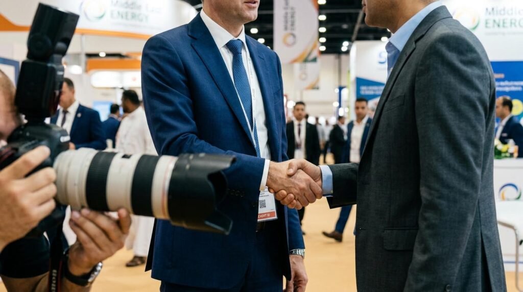 A candid, close-up photograph of a professional B2B handshake at Middle East Energy, capturing the dynamic interaction and a close professional camera lens in the foreground. Middle East Energy Exhibition Photographer