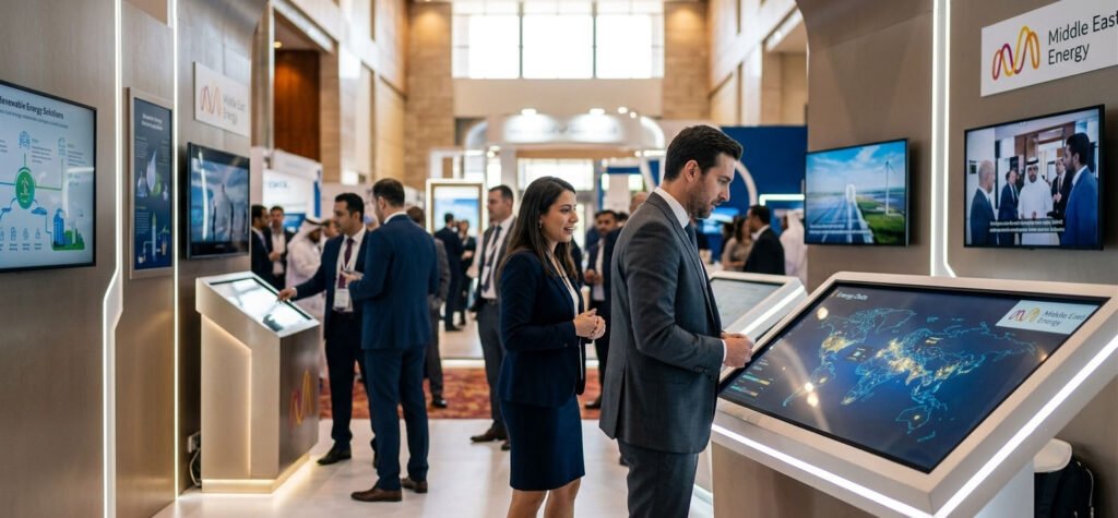 Corporate executives and energy professionals networking at a high-tech exhibition stand in Dubai.