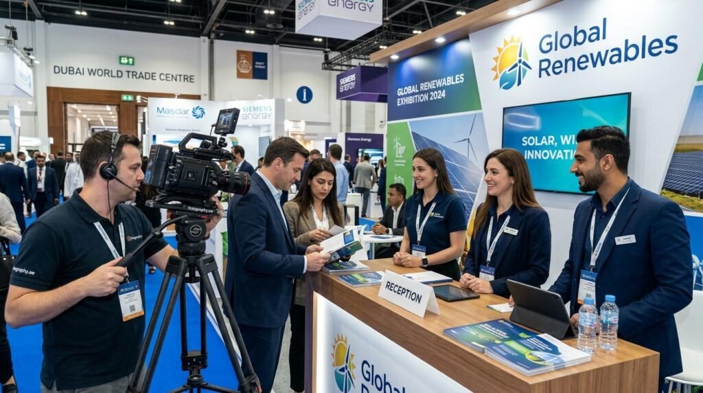 Middle East Energy Exhibition Photographer media coverage by fotography.ae at middle east energy, at DWTC, Dubai world trade center. a camera is setup on tripod for the interviews .