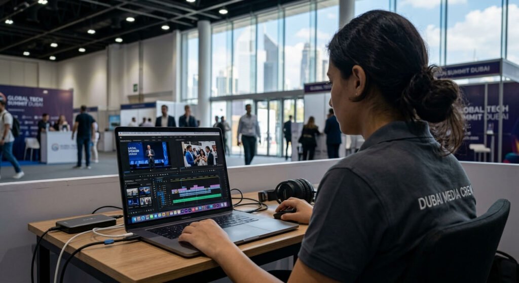 Fotography.ae's Event media crew reviewing 4K video footage on an editing laptop at a Dubai venue.