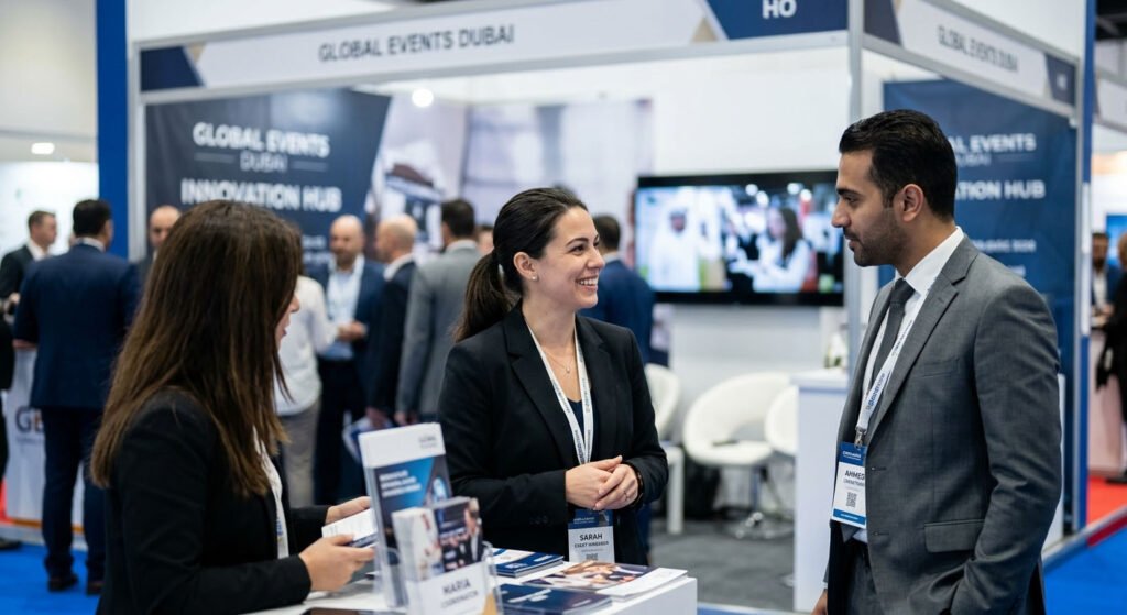 Candid photograph of event managers networking at a Dubai exhibition booth taken by fotography.ae team.