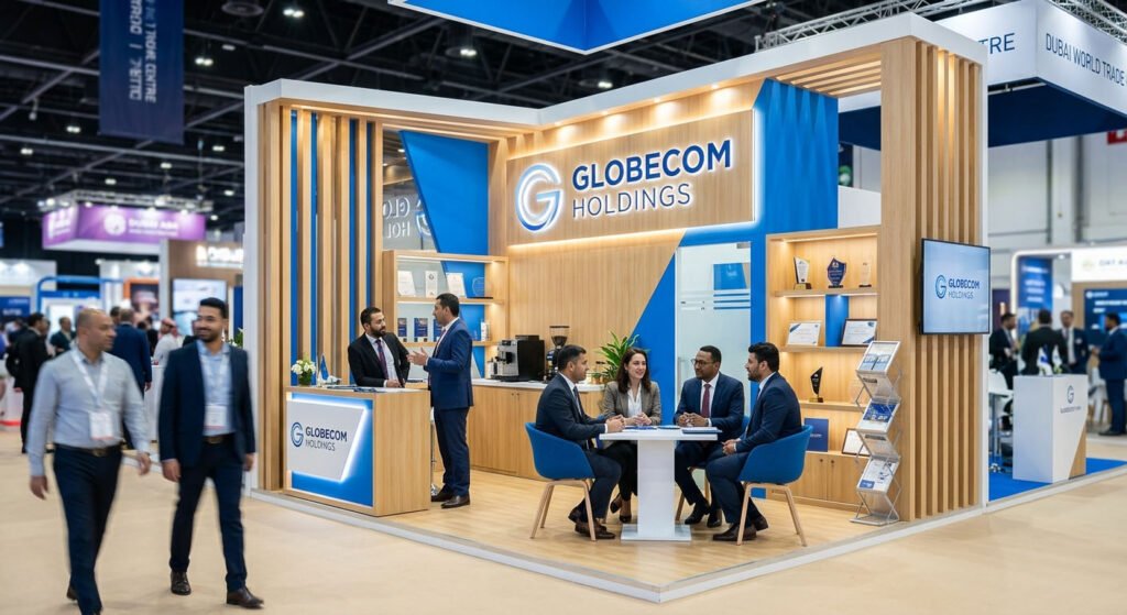 A custom-built premium exhibition stand with modern wood and blue accents at Dubai World Trade Centre.