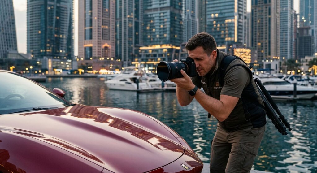 A fotography.ae expert photographer with a polarizing filter mastering reflections during blue hour Car Photography Dubai session.