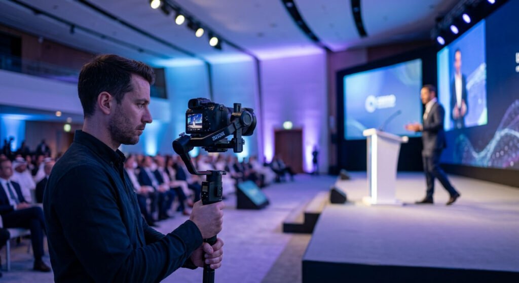 Executive keynote speaker addressing guests at a UAE corporate conference captured by hire corporate photographer UAE team.