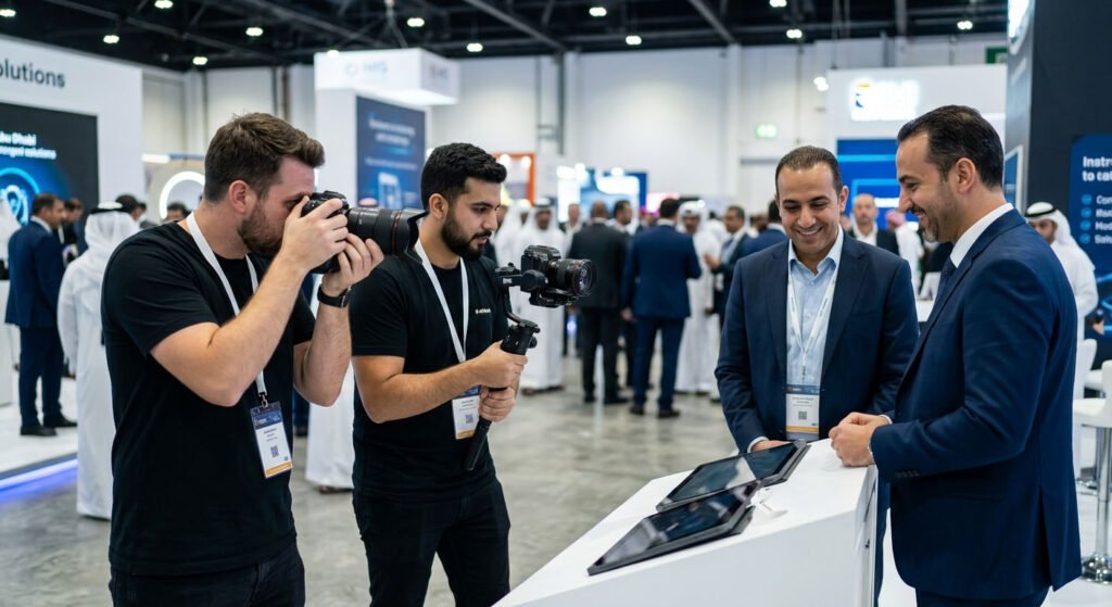 Professional photographer filming keynotes at an exhibition booth using high-end full-frame camera gear.