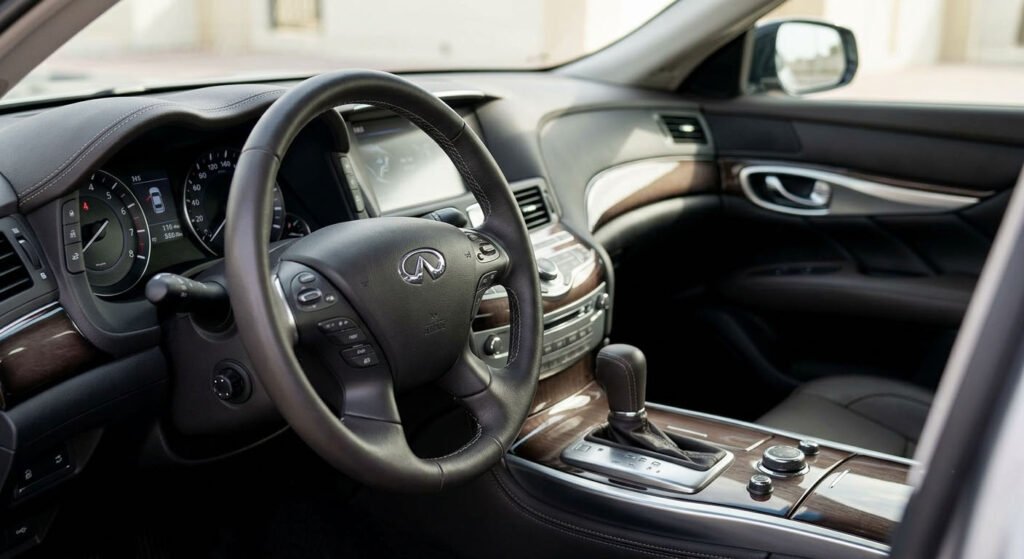 A close-up Car Photography Dubai interior shot focusing sharply on the precise leather stitching and digital odometer reading.