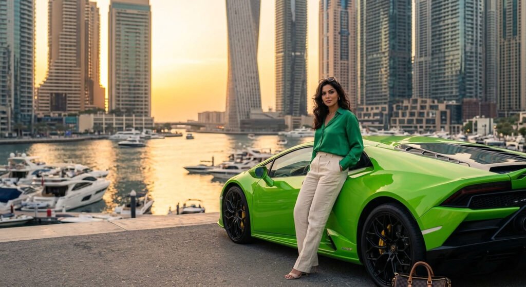 A stylish fashion model poses confidently with a bright green supercar in Dubai Marina at sunset, representing a luxury supercar photoshoot in Dubai.