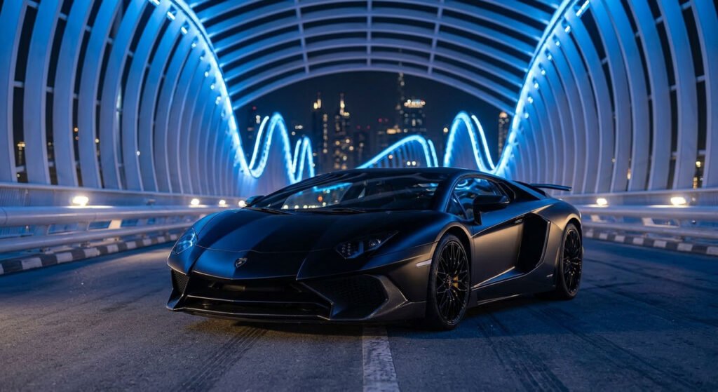 Matte black lamborghini supercar illuminated on Meydan Bridge at night, featuring a futuristic supercar photoshoot in Dubai.
