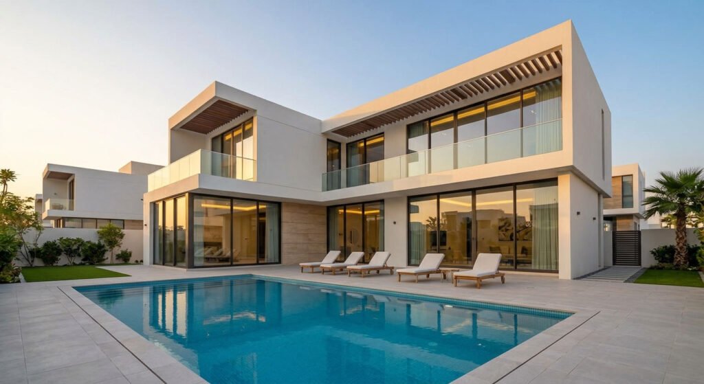 Modern Dubai villa exterior at golden hour with pool, showcasing professional real estate photography dubai.