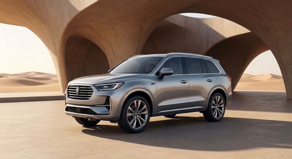 A metallic silver SUV pristine and highly polished, emphasizing dynamic Car Photography Dubai composition in a futuristic desert pavilion.