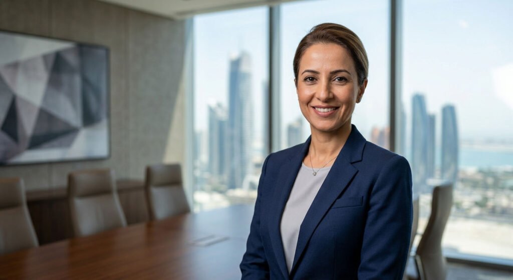 Modern business executive posing for professional corporate headshots UAE in a bright modern office.