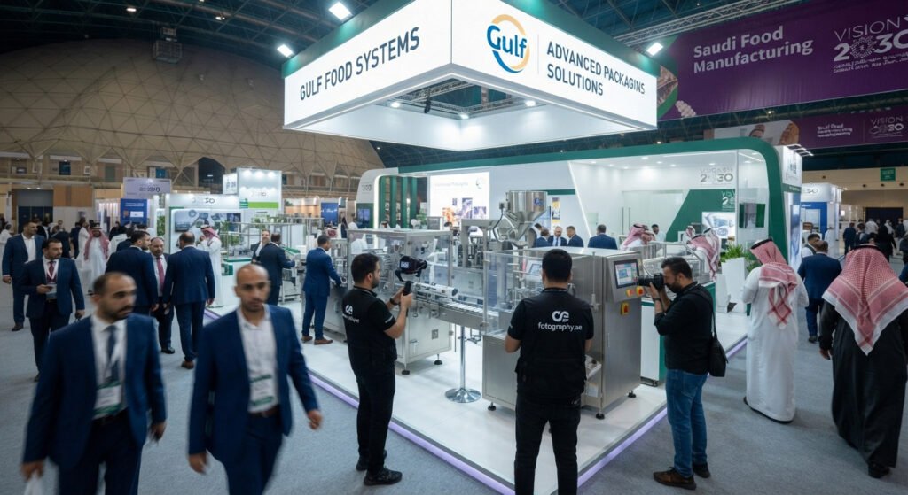 Professional media crew from fotography.ae filming automated packaging machinery at the Saudi Food Manufacturing exhibition in Jeddah.