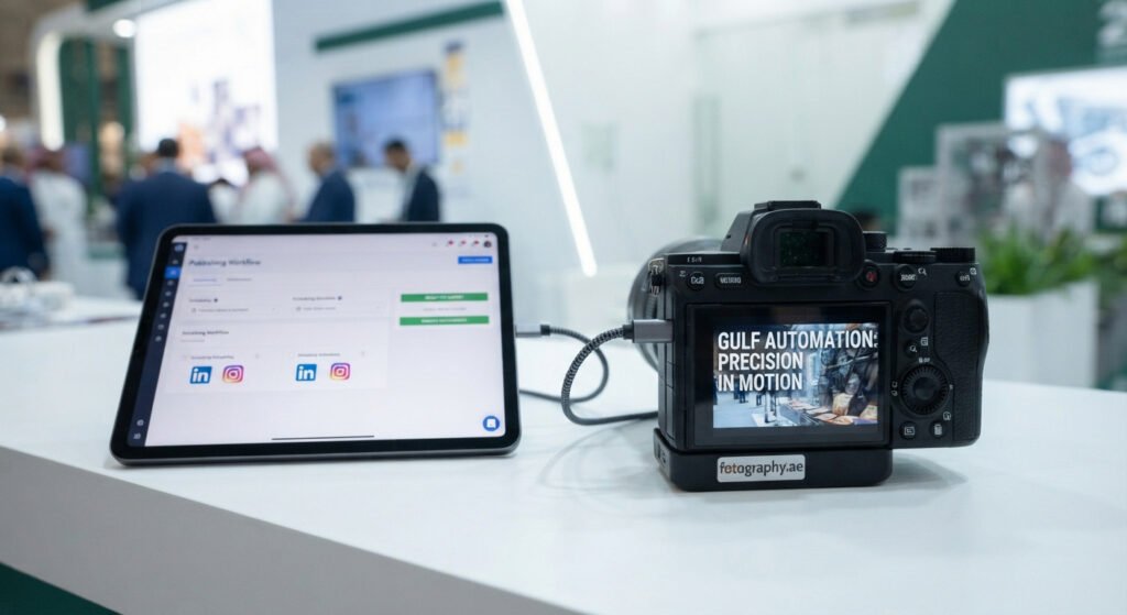 Professional content workflow by fotography.ae: Tethered mirrorless camera displaying a B2B social reel connected to a publishing tablet at Saudi Food Manufacturing.