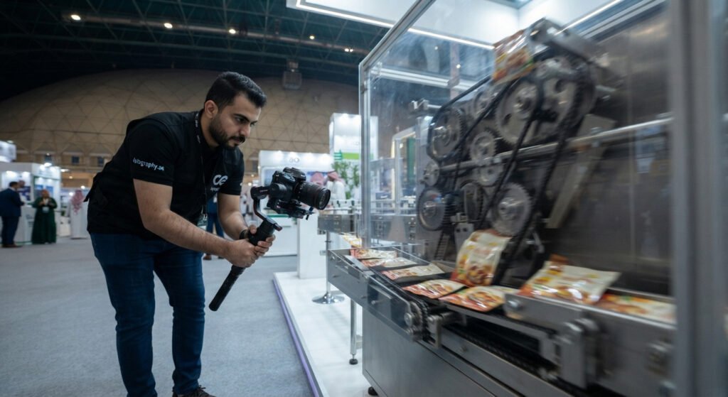 Low-angle action shot: Videographer from fotography.ae filming high-speed packaging machine gears at Saudi Food Manufacturing.