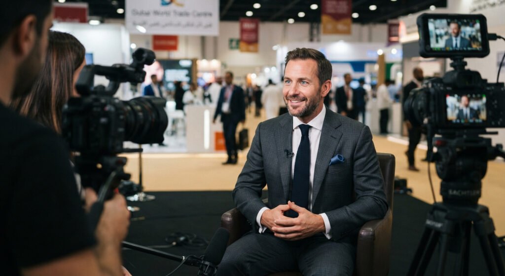Professional corporate executive interview captured by fotography.ae, specializing in exhibition photography and videography Dubai at the Dubai World Trade Centre.