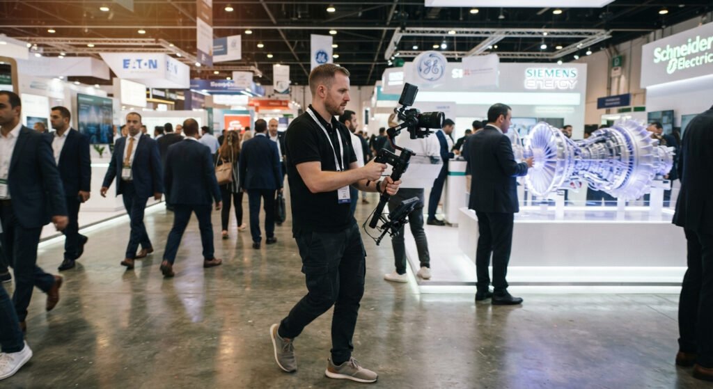 Professional videographer filming a trade show booth for fotography.ae, your trusted provider of exhibition photography and videography Dubai.