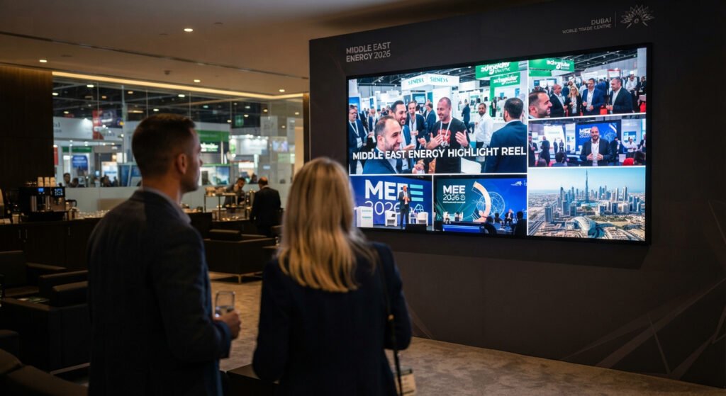 Corporate event highlight reel displayed on a large screen by fotography.ae, delivering top-tier exhibition photography and videography Dubai.