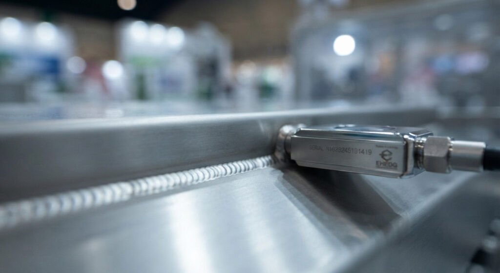 Macro detail: Sanitary stainless steel weld and hygienic sensor on food processing equipment, ensuring food safety compliance at Saudi Food Manufacturing.