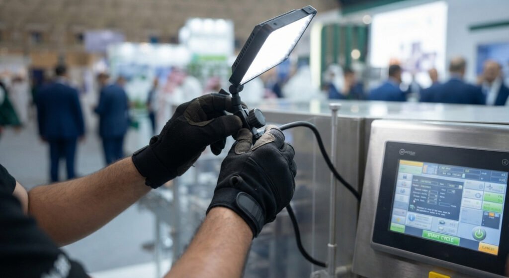Precision lighting setup by fotography.ae: Adjusting softbox illumination on an industrial food packaging machine control panel at Saudi Food Manufacturing.