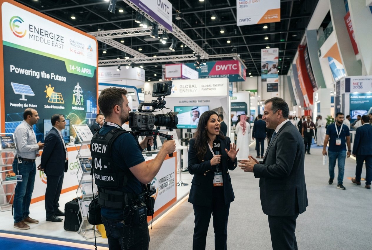 Professional corporate media crew filming an industrial energy exhibition stand at Middle East Energy 2026 in Dubai World Trade Centre.