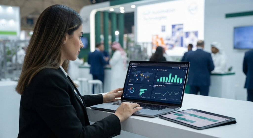 Digital strategy analysis: fotography.ae strategist reviewing real-time ROI analytics dashboard post-Saudi Food Manufacturing event.