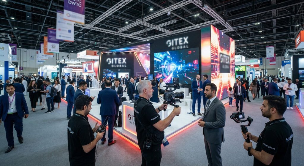 Expert exhibition photography and videography in Dubai: A fotography.ae production team captures a live interview on the bustling floor of GITEX Global at the Dubai World Trade Centre (DWTC).