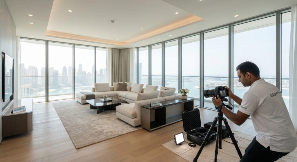 Luxury real estate photography Dubai: A professional fotography.ae photographer captures a high-end penthouse living room in Dubai Marina using Hasselblad medium-format gear.