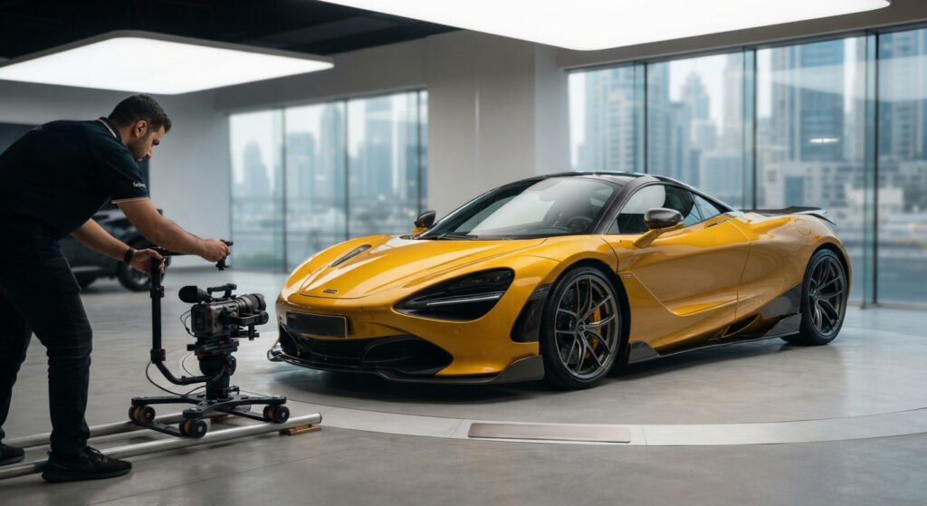 Professional automotive photography and videography in Dubai: A fotography.ae crew member captures a Volcano Yellow McLaren 720S supercar inside a modern showroom.