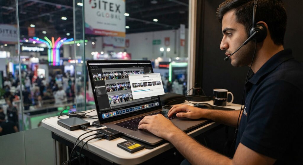 Rapid same-day delivery workflow for exhibition photography and videography in Dubai: A fotography.ae technician edits and transfers event photos on-site at the DWTC during GITEX.