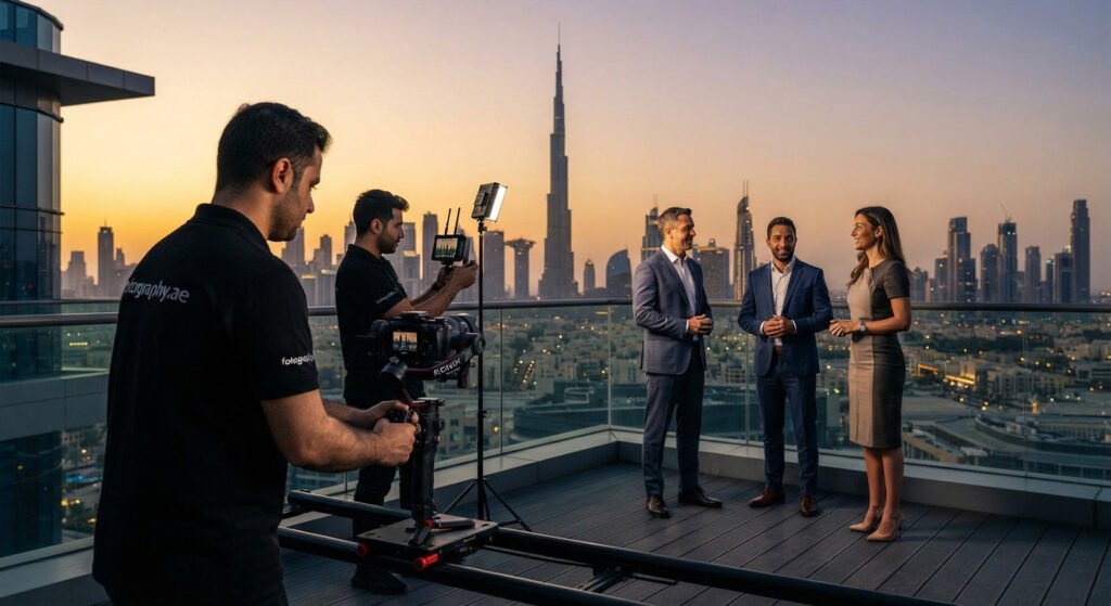 A professional fotography.ae video crew capturing a corporate interview on a Business Bay rooftop at sunset, with the Burj Khalifa and Dubai skyline providing the backdrop for the best corporate photography and videography in Dubai.