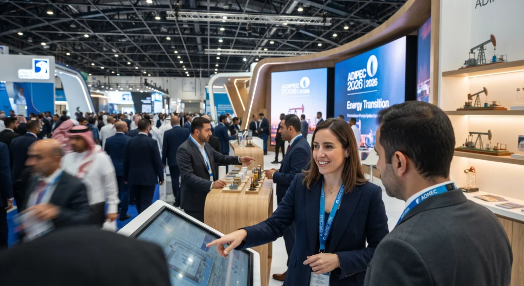 A professional, smiling female exhibitor in a blue blazer, wearing an ADIPEC 2026 lanyard, points at a large interactive touchscreen interface during a conversation with a male attendee. The background shows a densely packed ADNEC exhibition hall with hundreds of attendees, other booths, and prominent ADIPEC 2026 branding for "Energy Transition" on a large screen.