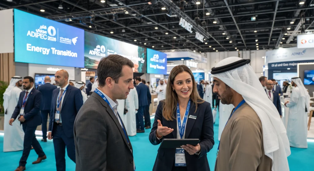 A candid, professional photograph taken at the ADIPEC 2026 exhibition by fotography.ae, focusing on a business discussion. A female exhibitor in a branded suit holds a tablet and smiles while speaking to a male government official in traditional Emirati thobe and a male corporate attendee. The background shows the bustling ADNEC exhibition floor with prominent "ADIPEC 2026 Energy Transition" signage and other attendees.