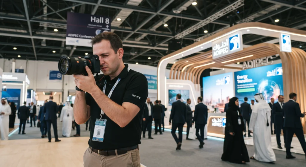 Professional event photographer capturing exhibition coverage at ADIPEC 2026 inside Hall 8 at the Abu Dhabi National Exhibition Centre (ADNEC).