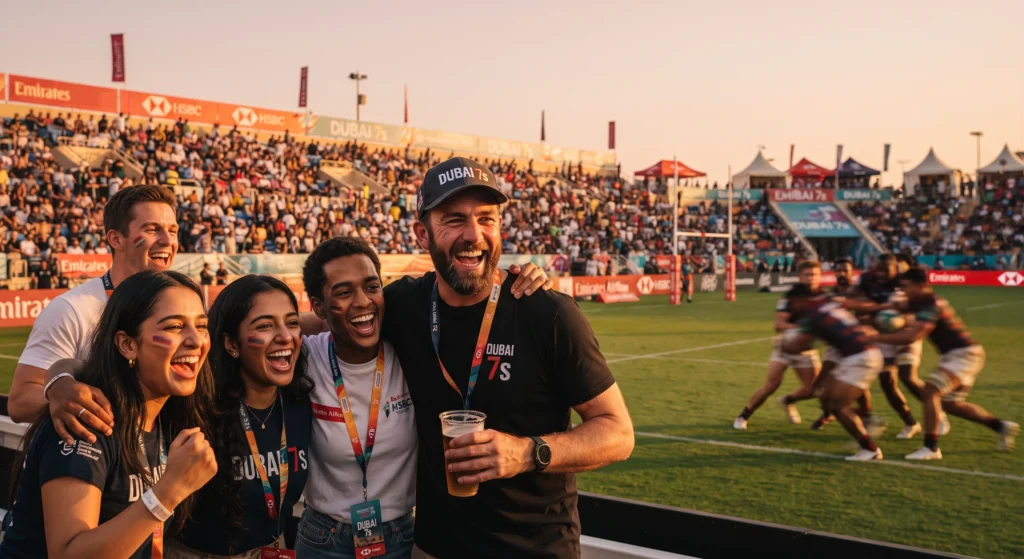 A group of five ecstatic friends celebrating and cheering in the crowded stands of The Sevens Stadium during the Emirates Dubai 7s. They are wearing matching event merchandise and have face paint. In the background, rugby players are in action on the field, capturing the peak energy and atmosphere of sporting UAE winter events 2026–2027