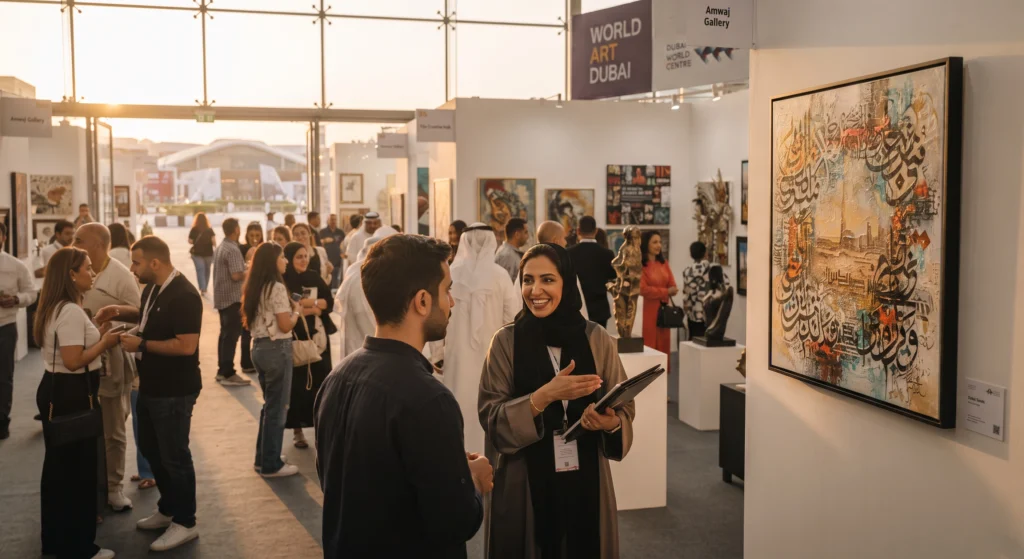 Inside a brightly lit exhibition hall at the Dubai World Trade Centre during World Art Dubai. A professional woman in an abaya explains a large, colorful mixed-media painting to an interested male visitor. Many other attendees and gallery booths are visible in the background, showcasing the commercial art scene within UAE winter events 2026–2027
