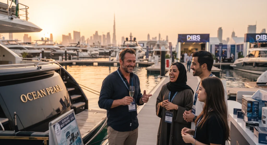 Three professionals, including a woman in an abaya and two men in smart-casual wear, networking and laughing with champagne glasses in hand. They are standing on a marina boardwalk next to a large luxury superyacht named "OCEAN PEARL" at Dubai Harbour, representing the luxury lifestyle sector of UAE winter events 2026–2027