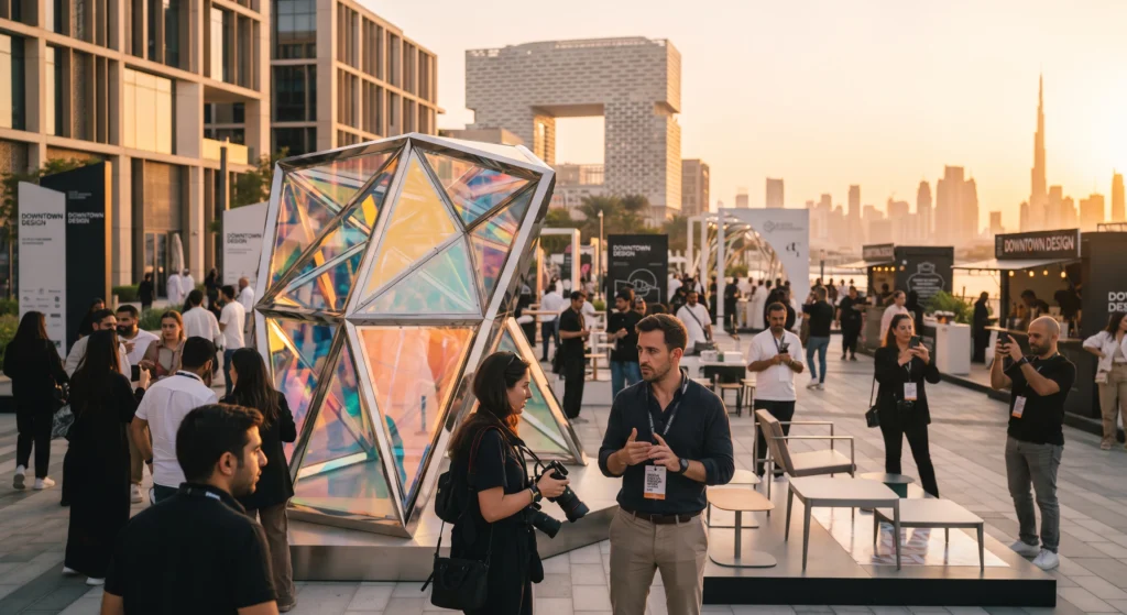 Three stylish attendees, including a man in traditional wear and two professionals with a camera, laughing on a waterfront promenade at sunset. The background features the distinct architecture of Dubai Design District (d3) and a massive outdoor screen displaying the branding for "Dubai Design Week & Downtown Design," highlighting premier cultural UAE winter events 2026–2027