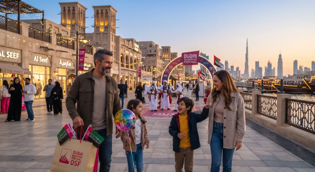 A happy family of four strolls along the scenic Al Seef promenade at sunset. The father carries shopping bags branded "Dubai Shopping Festival - DSF," and the children hold a colorful balloon and a small flag. Behind them, traditional wind towers blend with the modern Dubai skyline, illustrating a key family activity during UAE winter events 2026–2027