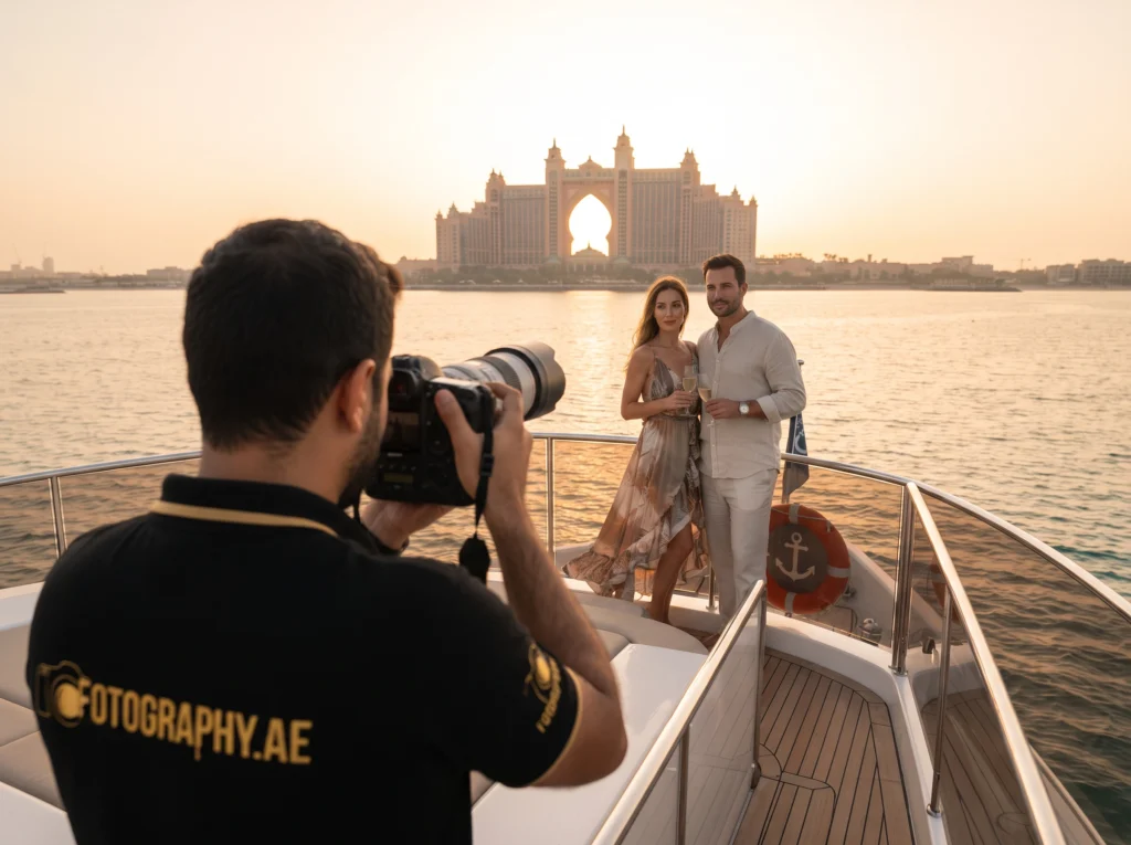 Professional Fotography.ae photographer capturing a couple on a yacht in front of Atlantis, The Palm during golden hour, showcasing yacht photography packages in Dubai.