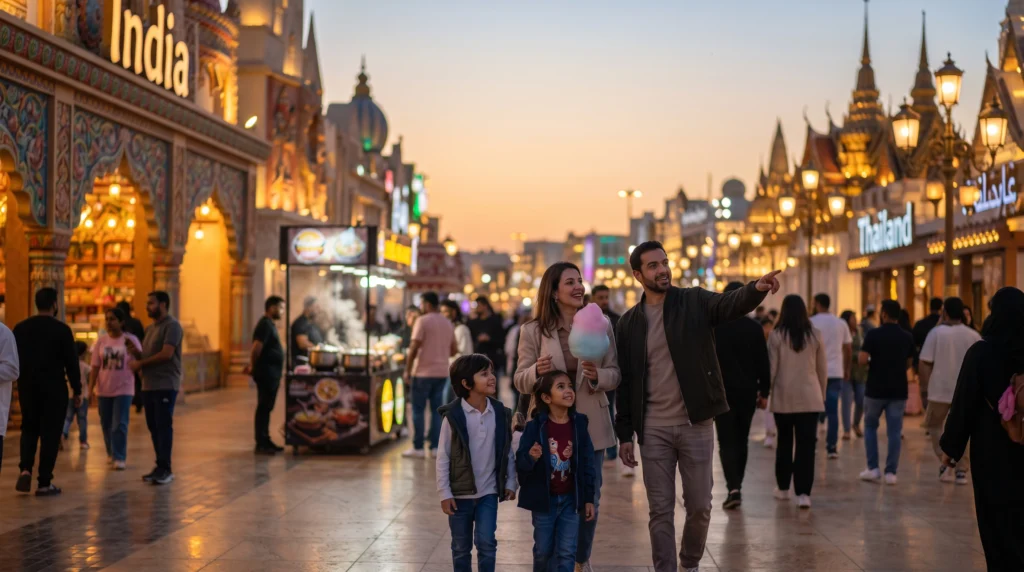 A joyful Emirati family of four smiling and posing for a professional portrait within the vibrant Global Village Dubai. The daughter holds a UAE flag, and the background features the colorful cultural pavilions and wind towers under a warm sunset, capturing a key cultural scene from UAE winter events 2026–2027