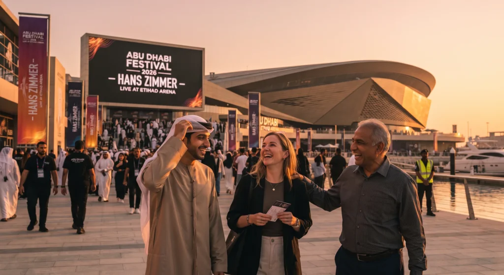 A wide-angle view of the exterior of the Etihad Arena on Yas Island, Abu Dhabi, at sunset. A massive LED screen displays the "Abu Dhabi Festival 2026 - Hans Zimmer" branding. A diverse crowd of people, some in traditional attire, walks toward the entrance, creating a sense of anticipation for this major entertainment offering within UAE winter events 2026–2027