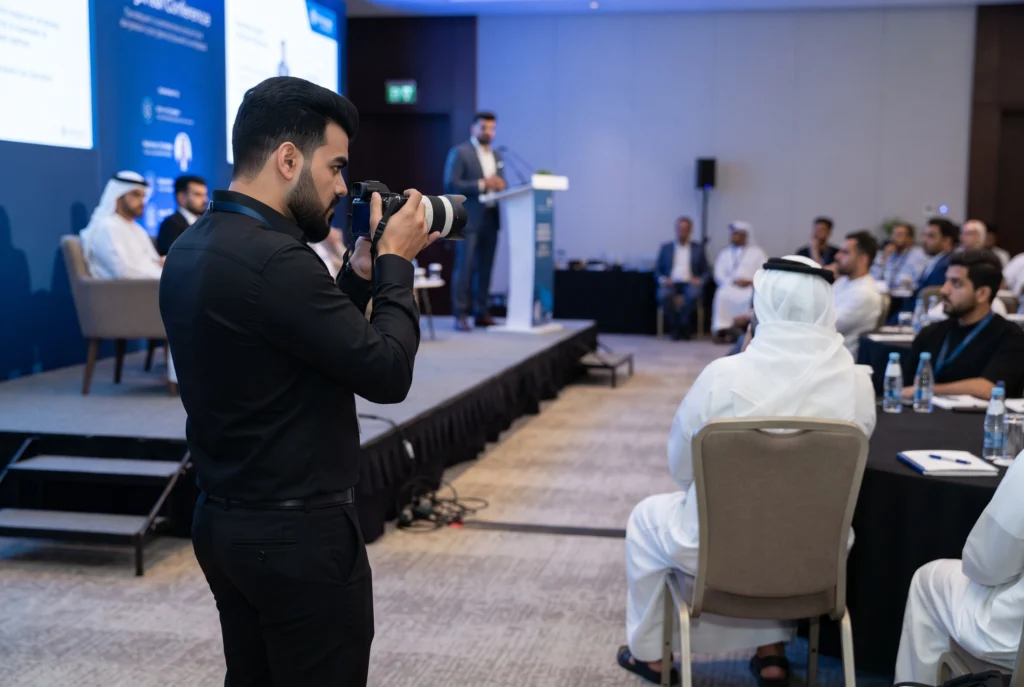 Photography and videography services in Dubai by Fotography.ae, showing Mr. Mashhood, Lead photographer at Fotography.ae, documenting business networking, product displays, and visitor interactions at a trade exhibition.